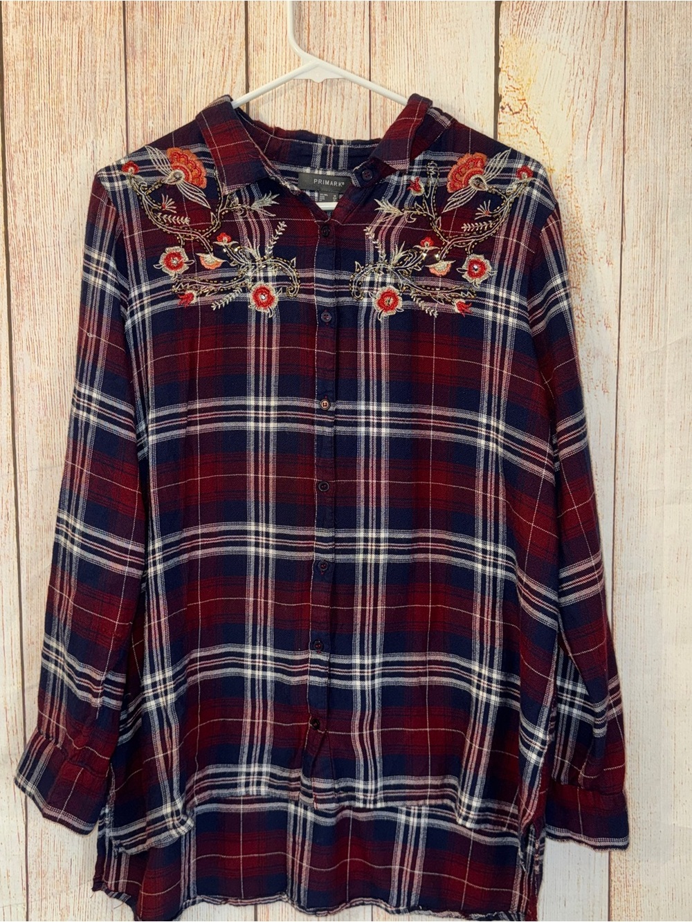 Primark Red Navy Plaid Button-Down Shirt with Floral Embroidery women’s 12 or L